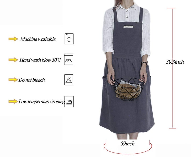 losofar Women Girls Vintage Apron Adjustable Gardening Works Cross Back Cotton/Linen Blend Aprons Pinafore Dress with Two Pockets (blackgrey, 39"x 59") - Image 5